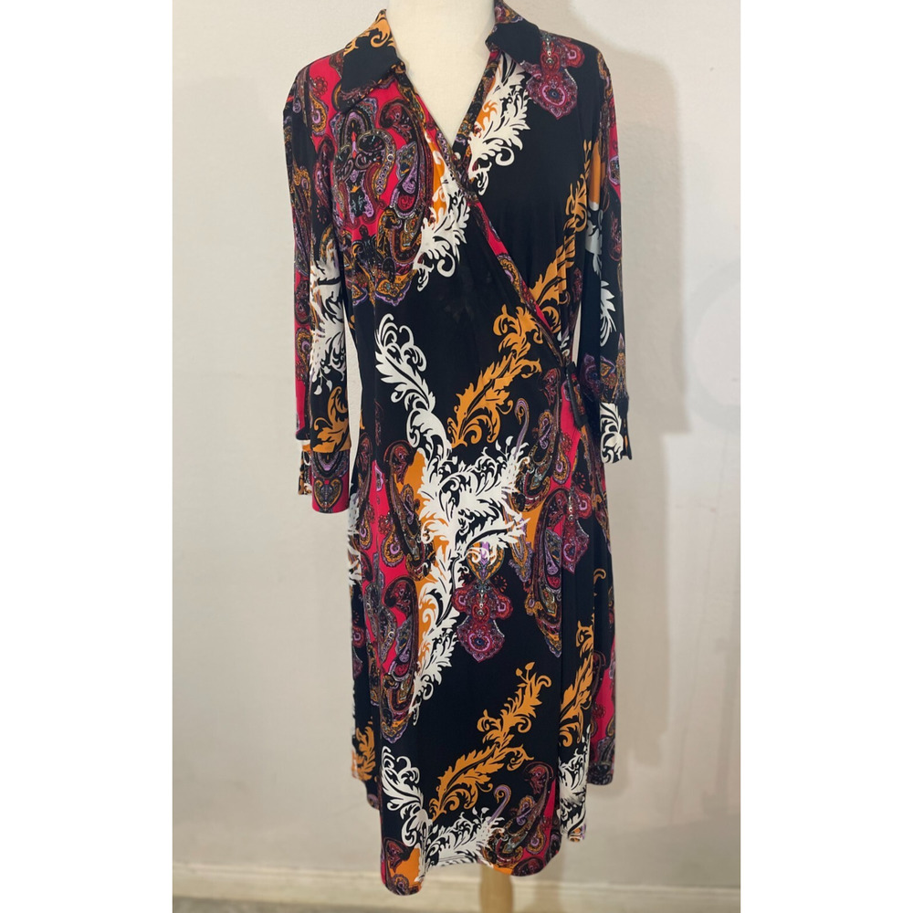 Essential by Milano boho Style Overprinted Belted V-neck Sleeve 3/4 Dress Sz M